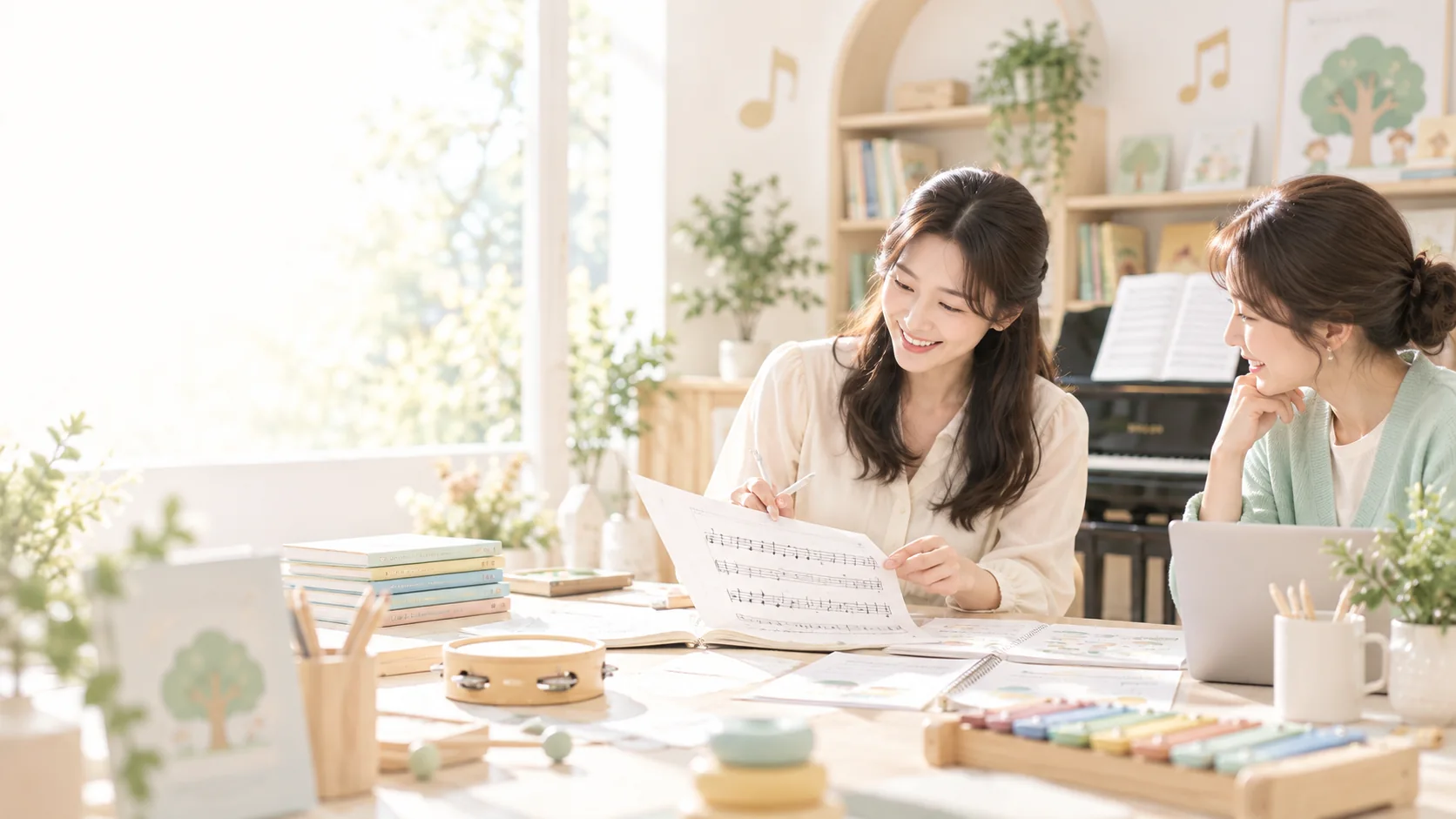 교육 자료와 악보를 함께 살펴보는 기획 장면 (AI 연출 이미지)