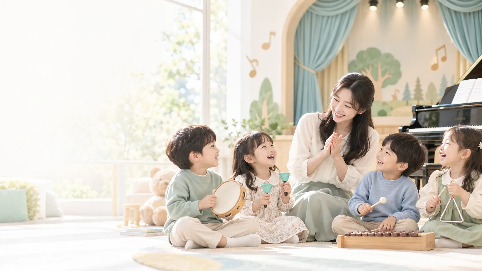 밝은 음악교실에서 선생님과 함께 악기를 연주하는 아이들 (AI 연출 이미지)
