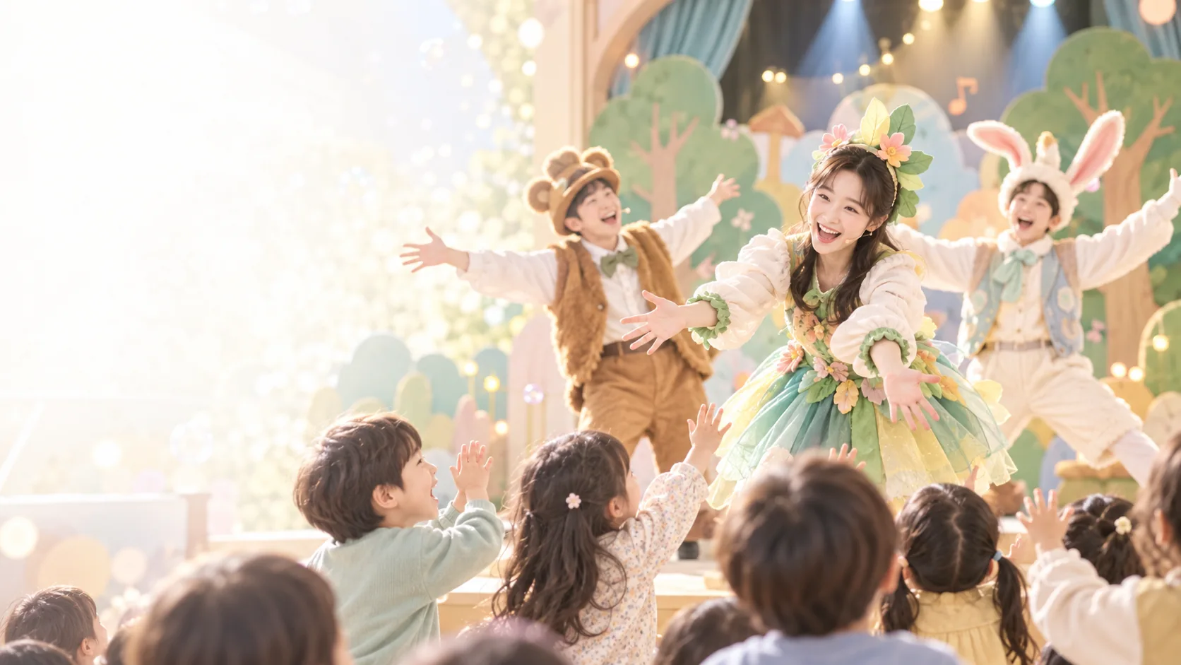 숲속 음악극에서 배우와 소통하는 어린이 관객 (AI 연출 이미지)