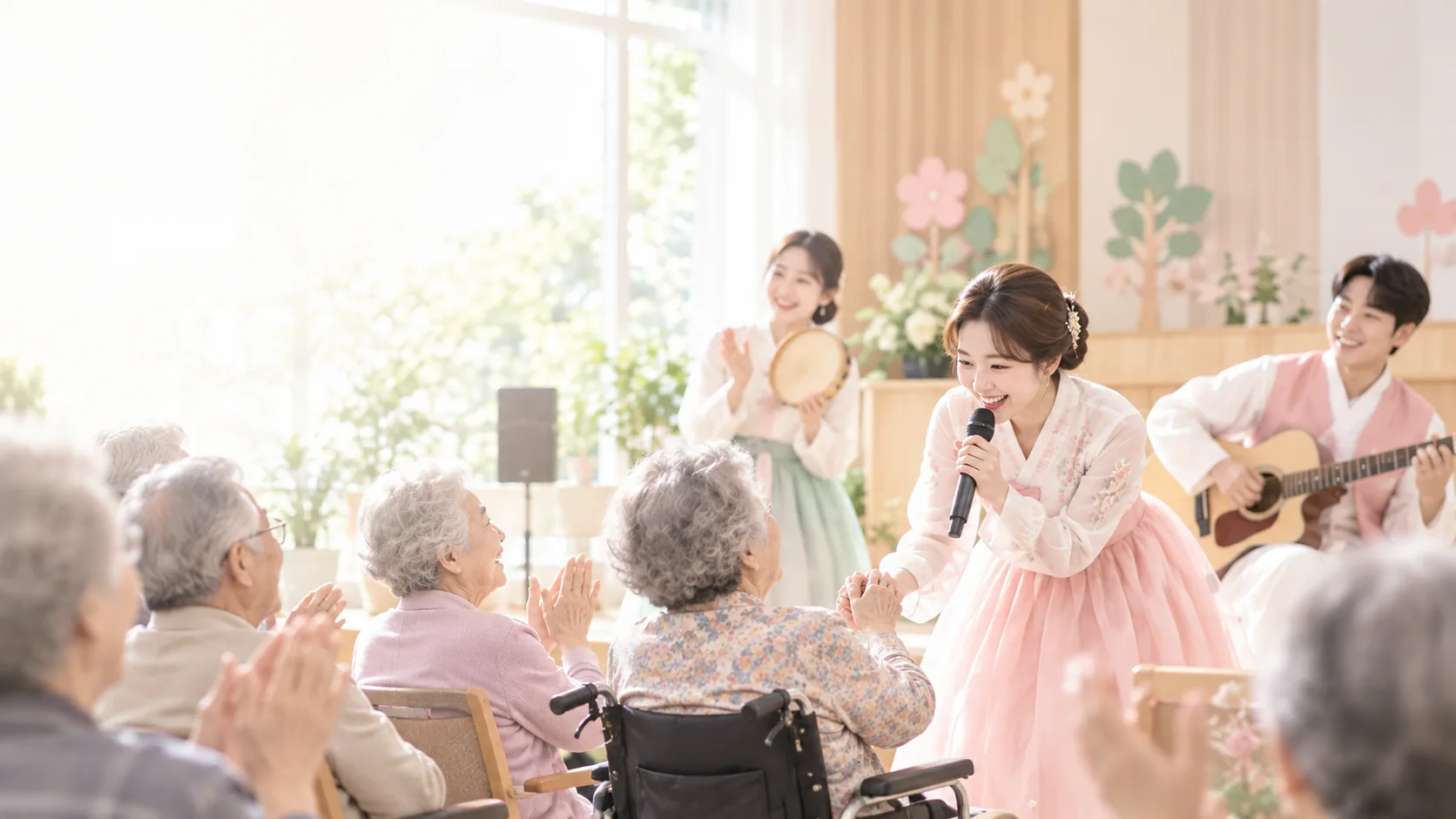 공연 후 배우와 노래를 즐기는 어르신 관객 (AI 연출 이미지)