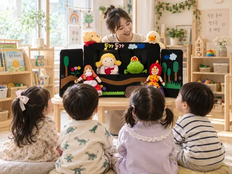 교사가 들려주는 인형극을 무대 앞에 앉아 관람하는 아이들의 AI 연출 이미지