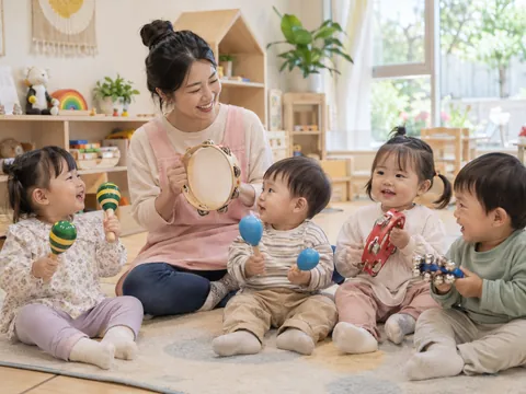 교사와 함께 탬버린, 방울 악기와 마라카스로 리듬을 즐기는 아이들의 AI 연출 이미지