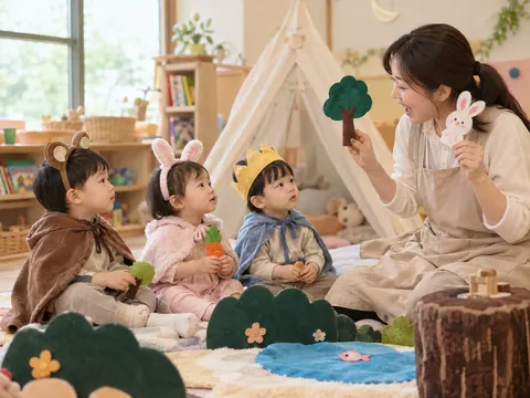 동물 머리띠와 왕관을 쓰고 동화 속 역할놀이에 참여하는 아이들의 AI 연출 이미지