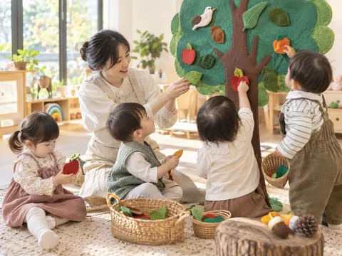 나무 모양 교구에 과일과 나뭇잎을 붙이며 자연을 표현하는 아이들의 AI 연출 이미지