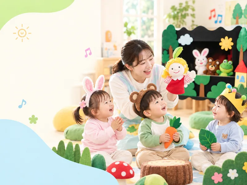 동물 머리띠와 동화 소품으로 상상놀이에 참여하는 아이들의 AI 연출 이미지