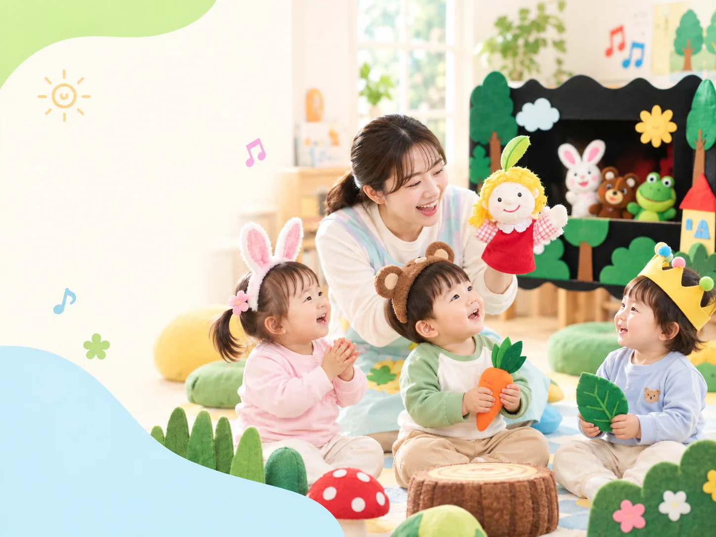 동물 머리띠와 동화 소품으로 상상놀이에 참여하는 아이들의 AI 연출 이미지