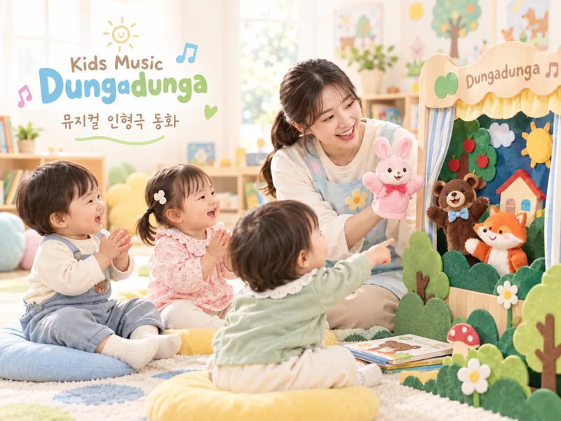 교사와 함께 인형극 속 동화를 만나는 아이들의 AI 연출 이미지