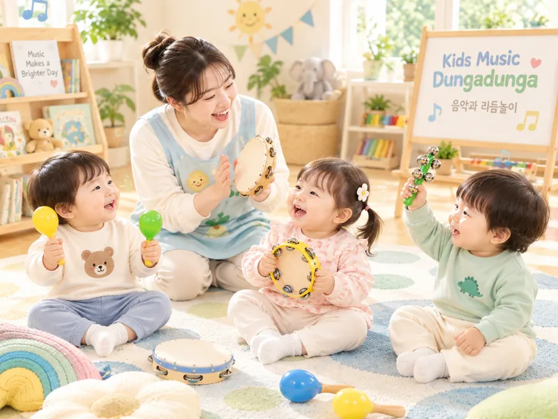 교사의 탬버린에 맞춰 마라카스와 방울 악기로 리듬을 즐기는 아이들의 AI 연출 이미지