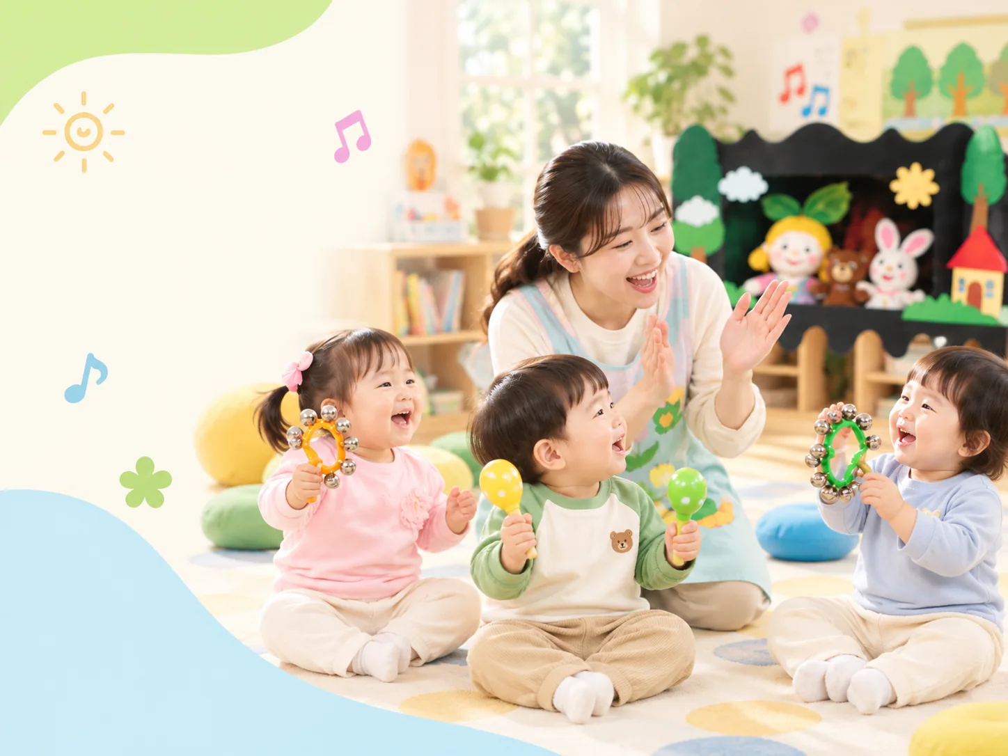 방울 악기와 마라카스로 리듬을 경험하는 아이들의 AI 연출 이미지