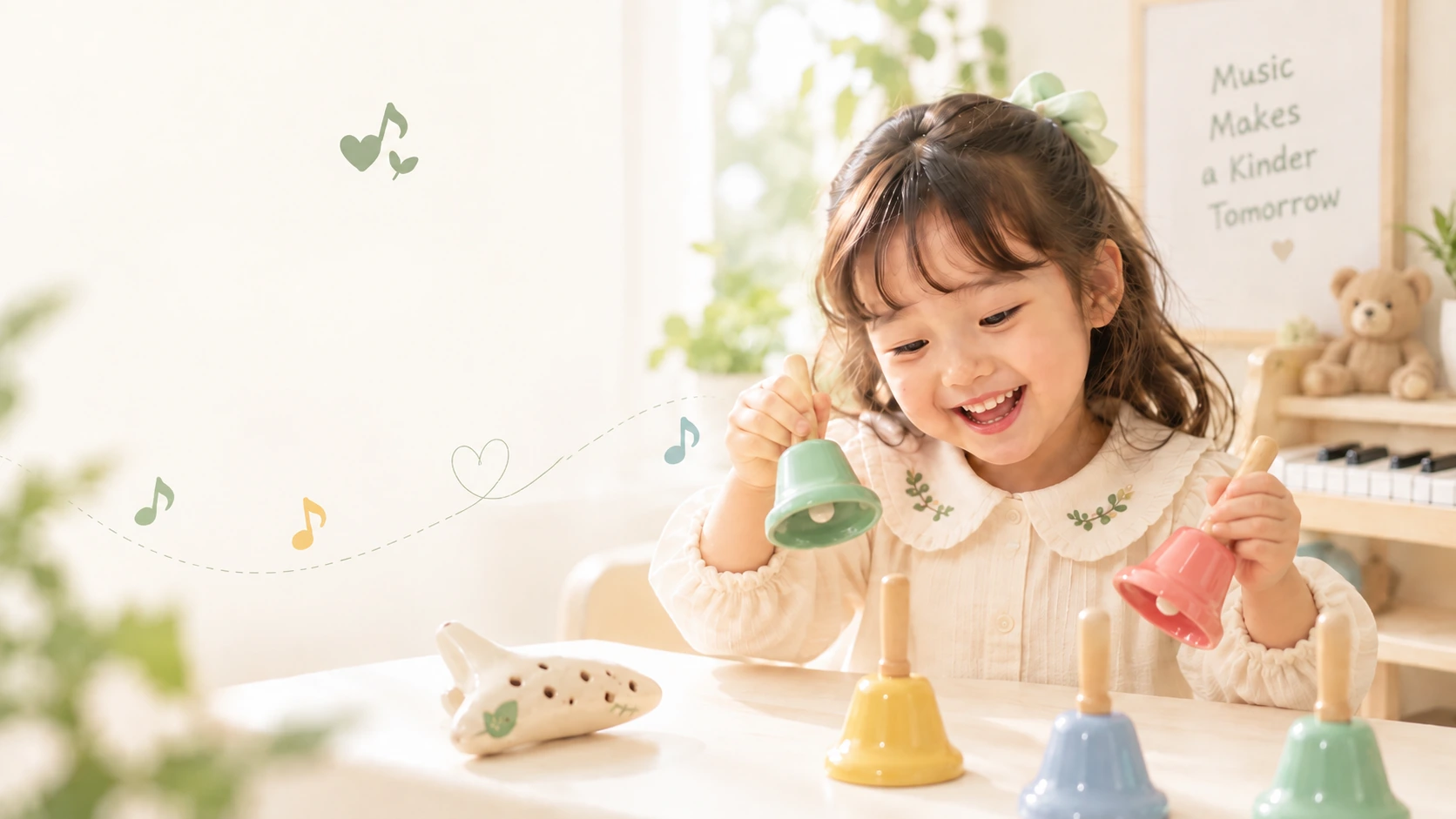 밝은 실내에서 초록색과 분홍색 핸드벨을 들고 즐겁게 연주하는 아이