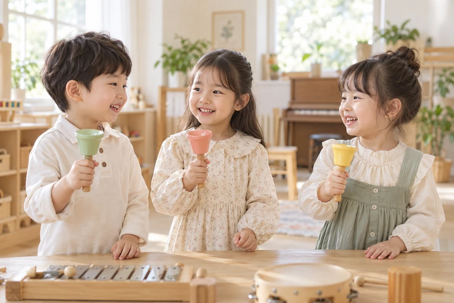 친구들과 파스텔 핸드벨을 함께 연주하는 아이들