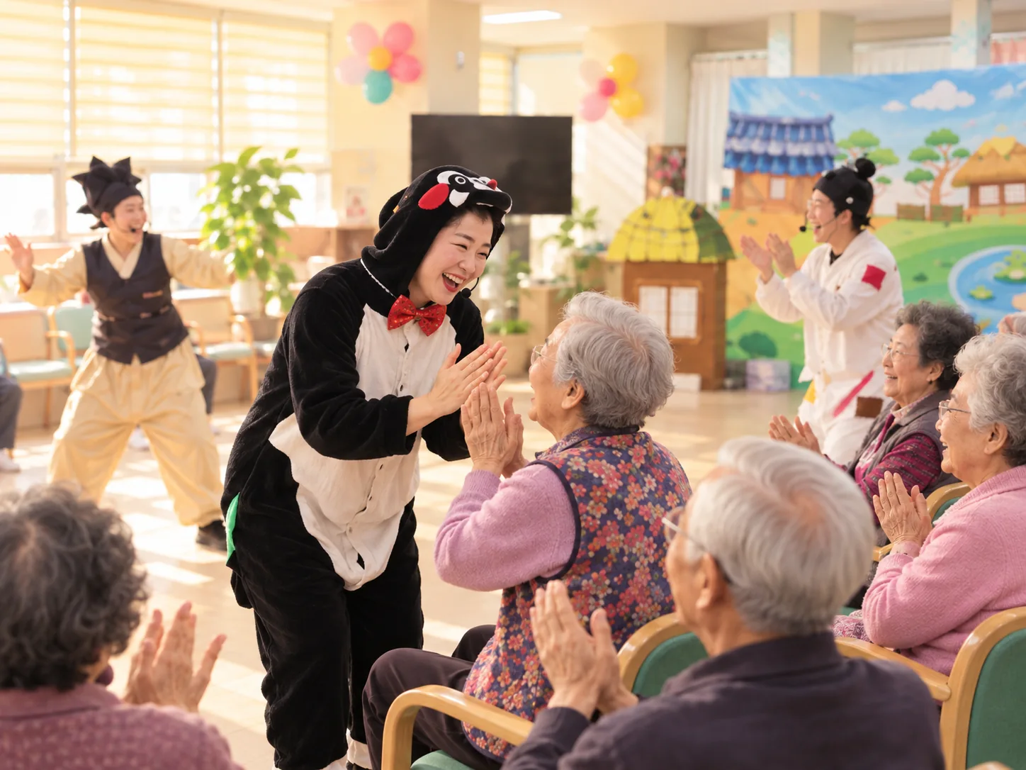 고양이 의상의 배우와 어르신이 가까이에서 웃고 박수치는 AI 재구성 장면