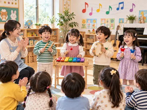교실에서 친구들을 향해 리듬 악기를 연주하는 AI 연출 이미지