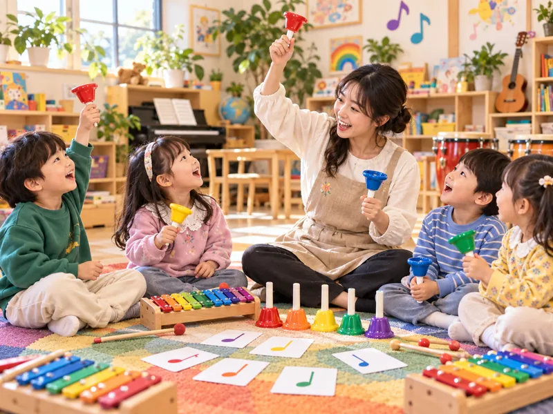 실로폰과 컬러벨을 탐색하며 소리의 높낮이를 경험하는 AI 연출 이미지