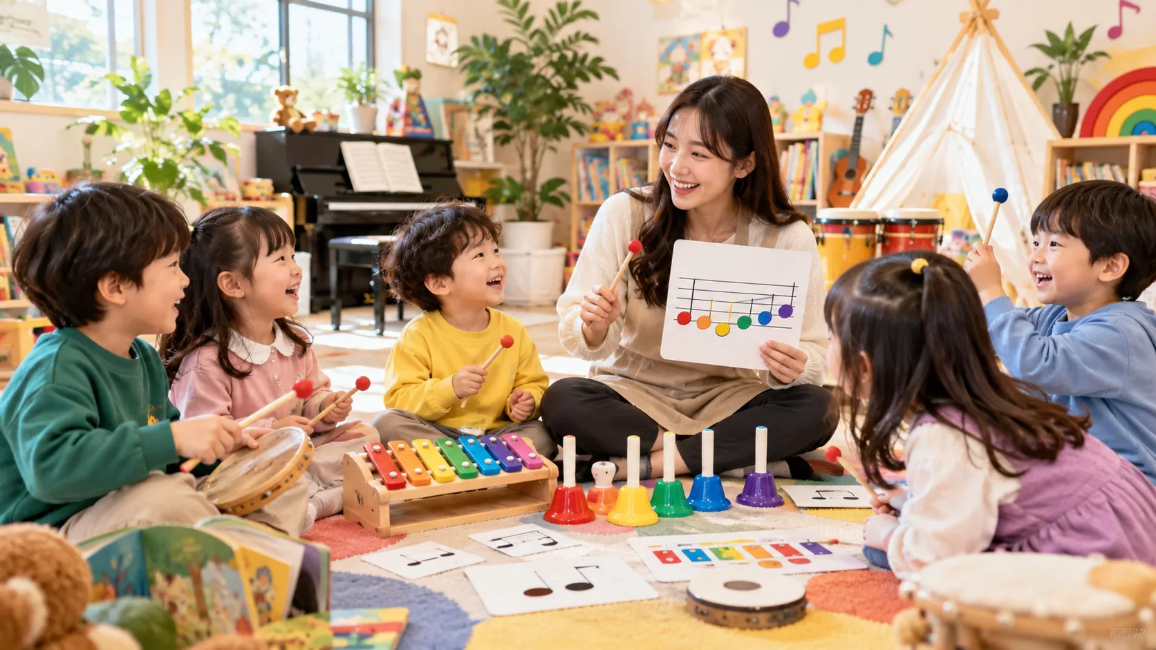 교사와 아이들이 색색의 악기와 음악 교구로 음악이론놀이를 하는 AI 연출 이미지
