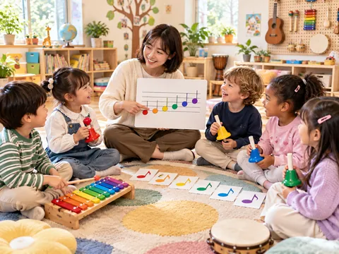계이름 교구를 보며 컬러벨로 음높이를 경험하는 AI 연출 이미지