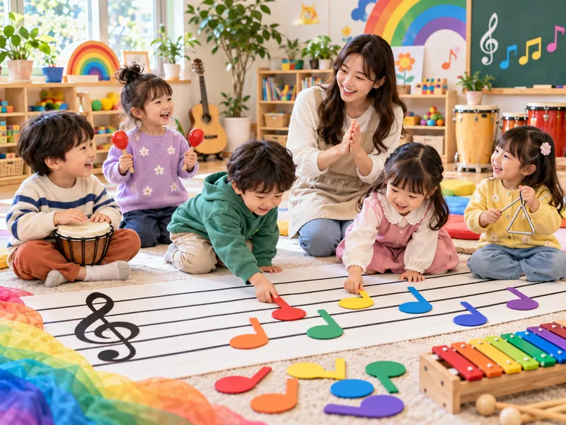 큰 오선 교구 위에서 색색의 음표를 옮겨보는 AI 연출 이미지