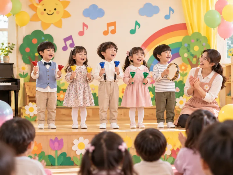 작은 무대에서 함께 악기를 연주하고 발표하는 아이들의 AI 연출 이미지