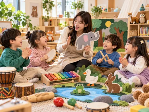동물 이야기 교구와 악기로 음악놀이를 하는 AI 연출 이미지