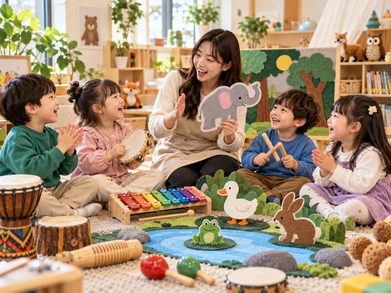 동물 이야기 교구를 보며 리듬 악기로 표현하는 교사와 아이들의 AI 연출 이미지